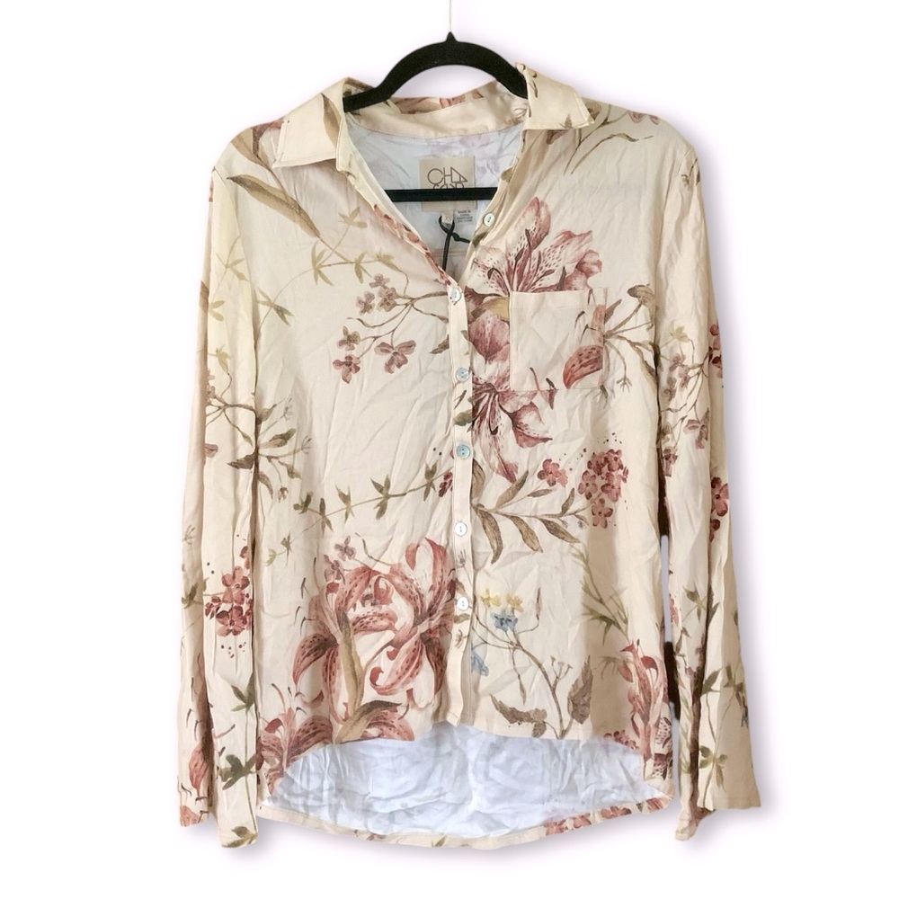 Chaser Cream Floral Button Up Flared Sleeve Top NWT Size XS Boho Bohemian